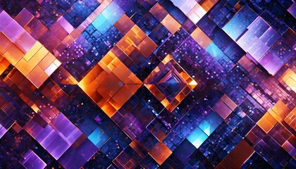 abstract glittering geometric texture with orange blue and violet pixels fantasy fractal design...