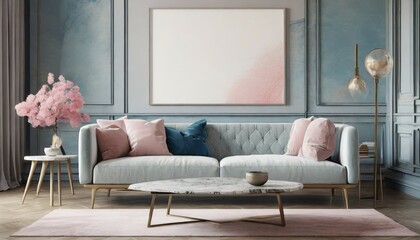 mockup frame in contemporary scandinavian living room interior with a gray linen sofa a marble coffee table and accents of muted blue and blush pink 3d render empty template