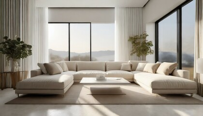 modern minimal clean clear contemporary living room home interior design daylight background beige white sofa couch in living room daylight from window freshness moment mock up interior generative ai