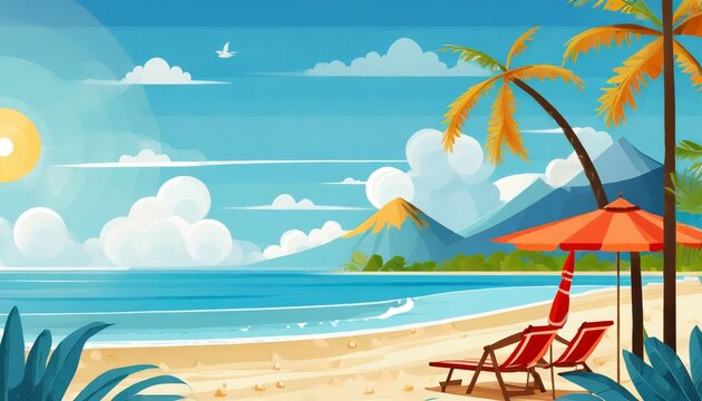 generative ai summer background a beach view with sea and palm vector illustration in flat style