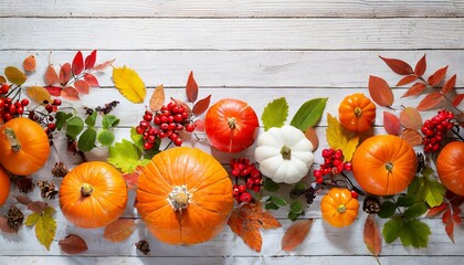 festive autumn decor from pumpkins berries and leaves on a white wooden background concept of thanksgiving day or halloween flat lay autumn composition with copy space