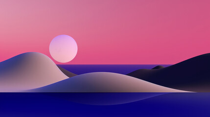 Minimalist surrealistic abstract landscape background. Sun, waves and dunes. Bright colors