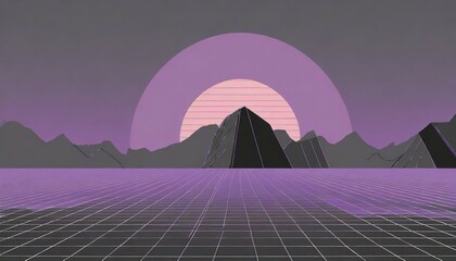 80s style sci fi purple background with sunset behind black and gray mountains futuristic...