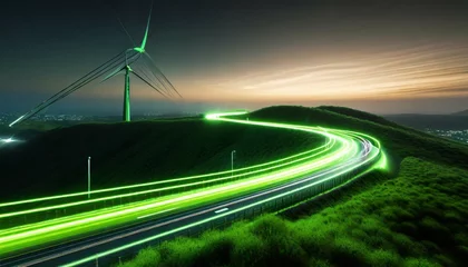 Poster Snelweg bij nacht green speed light trail on road renewable energy highway transportation concept clean eco power car street light at night electric vehicle technology 3d rendering