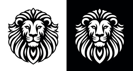 Lion head company logo vector line art illustration on black and white background. Lion face and mane business logo design. - obrazy, fototapety, plakaty