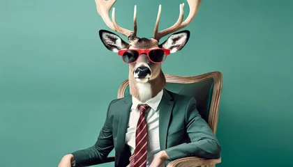 Poster Im Rahmen modern xmas deer with hipster sunglasses and business suit sitting like a boss in chair creative animal concept banner trendy pastel teal green background © Emanuel