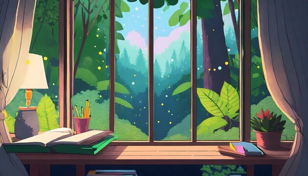 Lofi Empty Interior Messy Desk Window View Of A Forest Jungle Anime Manga Style Colorful Study Lo Fi Desk Cozy Chill Vibe Hip Hop Atmoshperic Lighs Stars 4k Wallpaper