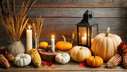 wooden table with lantern and candles decorated with pumpkins corncobs apples and gourds with wooden background thanksgiving harvest concept