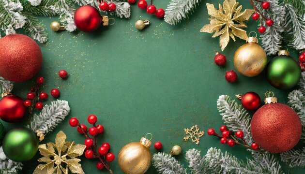 christmas tree decorations concept top view photo of red gold green baubles star ornaments mistletoe berries and pine branches in hoarfrost on green background with copyspace in the middle