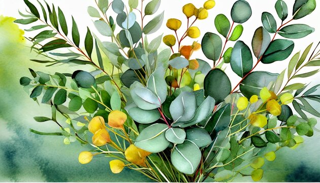 watercolor bouquet of leaves and eucalyptus branch botanical herbal illustration for wedding or greeting card hand painted spring composition on background realistic eucalyptus