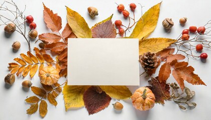 beautiful autumn composition with leaves and blank card on white background