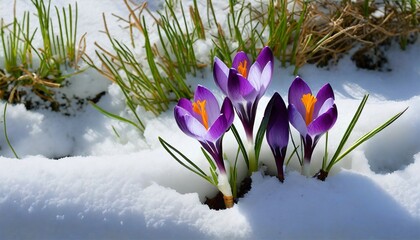 purple crocuses growing through the snow in early spring