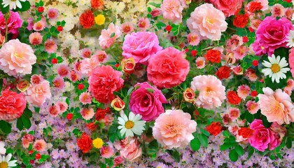 colorful multicolored ornamental of beautiful pink roses blooming patterns group field with daisy and red carnation texture on wall for background