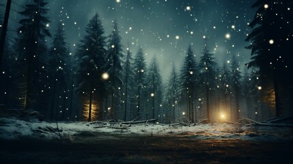 Enchanted Winter Night in the Forest: Snowflakes Glistening Amidst Trees Under Starry Sky - obrazy, fototapety, plakaty