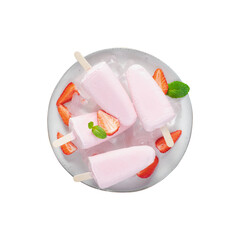 Fototapeta na wymiar Refreshing Strawberry Popsicles, Ice Lolly with Fresh Strawberry and Mint, White Background