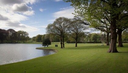 park landscape with trees and lake background