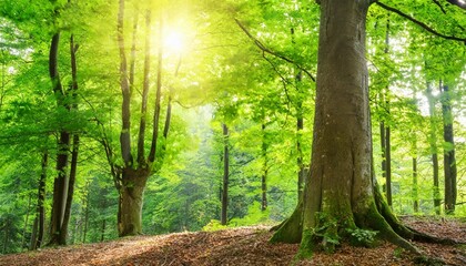 green forest tree with green leaves and sun light