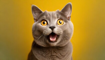 cat looking surprised reacting amazed impressed standing over yellow background