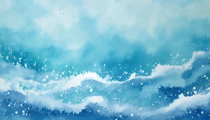 Foto op Plexiglas water snow wavy abstract background for copy space text blue frozen ocean flowing motion watercolor effect blizzard backdrop snowy holiday cartoon hand painted details © Emanuel