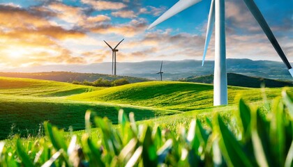 close up of a green grass field with a wind turbine on the background representing clean renewable energy alternative power production and net zero carbon emissions