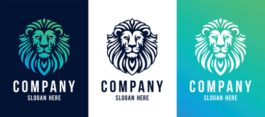 Lion head logo template design line art vector illustration isolated on white and dark backgrounds. Lion face with mane hair brand identity logotype design. - obrazy, fototapety, plakaty