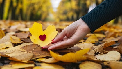 yellow leaf with a heart in a female hand background of golden leaves lie chaotically on the ground autumn mood concept seasonal