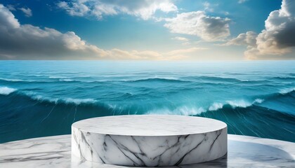 white marble podium with ocean sky background created with generative ai technology