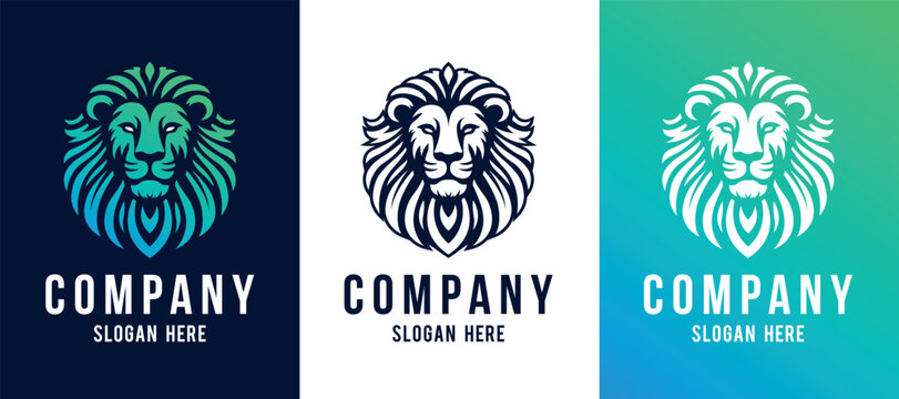 Lion head logo template design line art vector illustration isolated on white and dark backgrounds. Lion face with mane hair brand identity logotype design.
