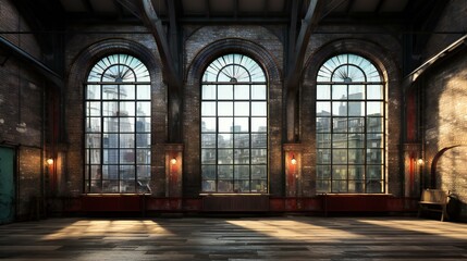 Golden Hour Sunlight Bathing an Industrial Loft Space with Arched Windows and Brick Walls - obrazy, fototapety, plakaty