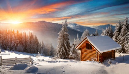 Winter landscape with wooden house in snowy mountains.