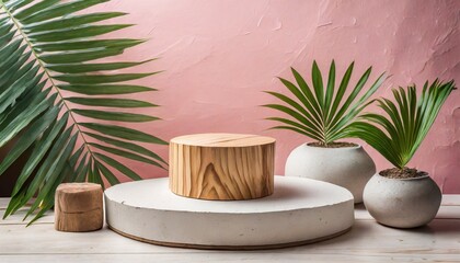 wooden round podium geometric product display pedestal with palm leaves on pink background a stand...