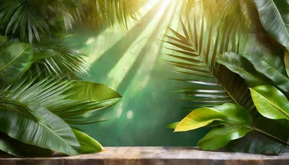 Fototapeten bali style template green background exotic tropical wall with green palm and banana leaves and atmospheric sunlight rays © Emanuel