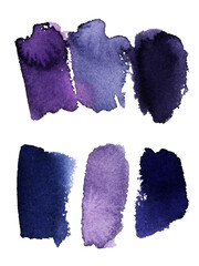 Abstract unique violet watercolor elements, can be used like a pattern. The set of lavender, violet, lilac watercolor stains. Shades of purple.