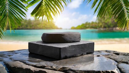 black stone podium on stone platform against blurred tropical beach background