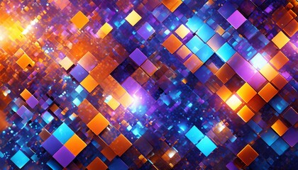 abstract glittering geometric texture with orange blue and violet pixels fantasy fractal design...