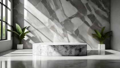 gray tone marble wall and podium in a sunny room 3d render
