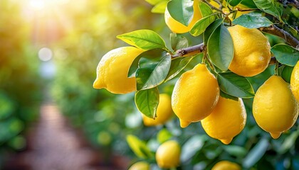 fresh ripe lemons hanging on a lemon tree branch in sunny garden generative ai background copy space