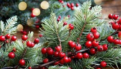 christmas tree banches and red berries background