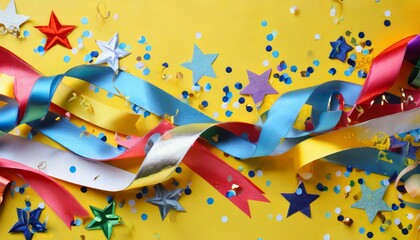 colorful ribbons with paper stars and confetti on yellow background