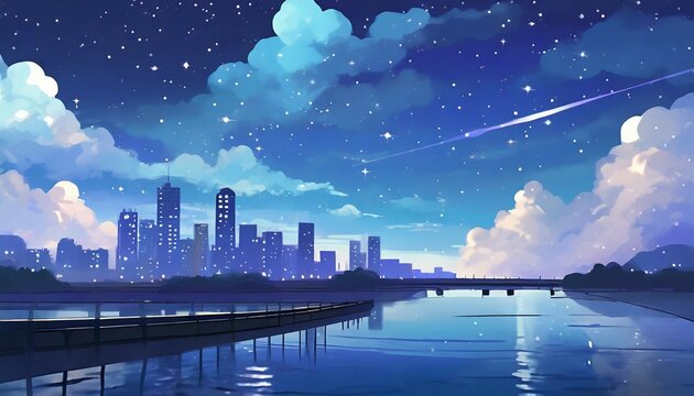 Fototapeta cityscape with the night sky showing blue clouds and stars in the style of anime romantic riverscapes hd wallpaper background 8k 4k