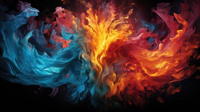 A colorful image of a fire and blue flame on black background, AI