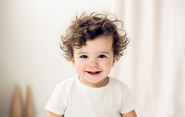 Naklejka premium Portrait of smiling happy little child with curly hair looking at camera close up