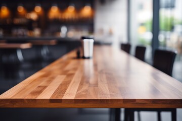 Bright Kitchen Interior with Empty Wood Table Top for Product Placement and Bokeh Effect
