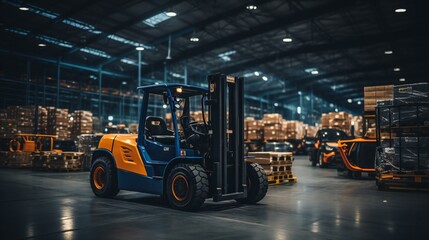 Autonomous Forklifts Operating in a High-Capacity Warehouse During Evening Logistics Operations