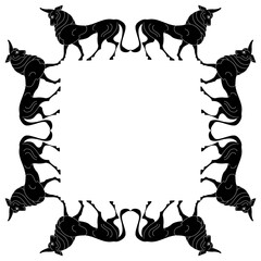 Square animal frame with stylized bulls. Ancient Greek vase painting style. Black and white silhouette.