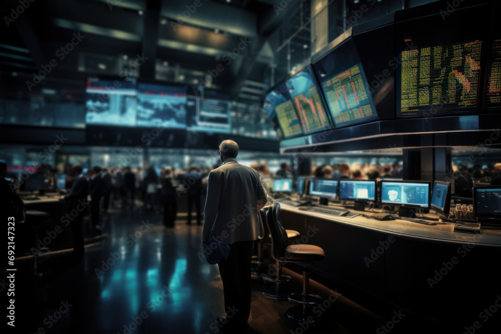 Poster a busy stock exchange floor with traders making split-second decisions, representing the dynamic nat
