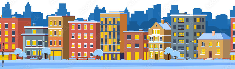 Wall mural city building houses winter street cityscape