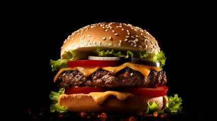 Cheeseburger on a black background. Close-up.