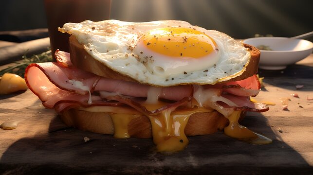 Sandwich with fried egg and ham on wooden table, closeup