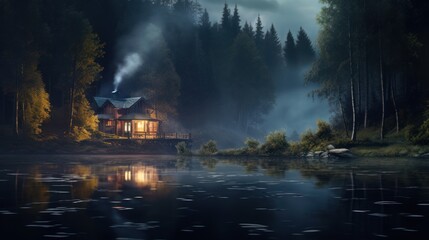 The tranquility of nature is captured: a small house with smoke coming from a chimney on the shore of the water, surrounded by a bright forest, fog all around. - Powered by Adobe